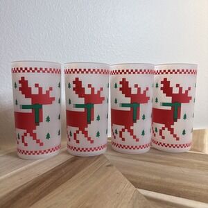4 VTG Frosted 1984 CHD Cross Stitch Pixelated Deer XMAS Trees 12 oz Tumbler/Cups